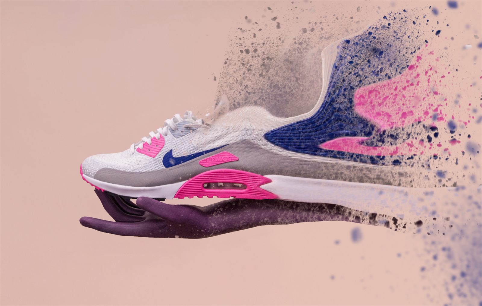 Dispersion effect making a running shoe appear to explode into scattered particles