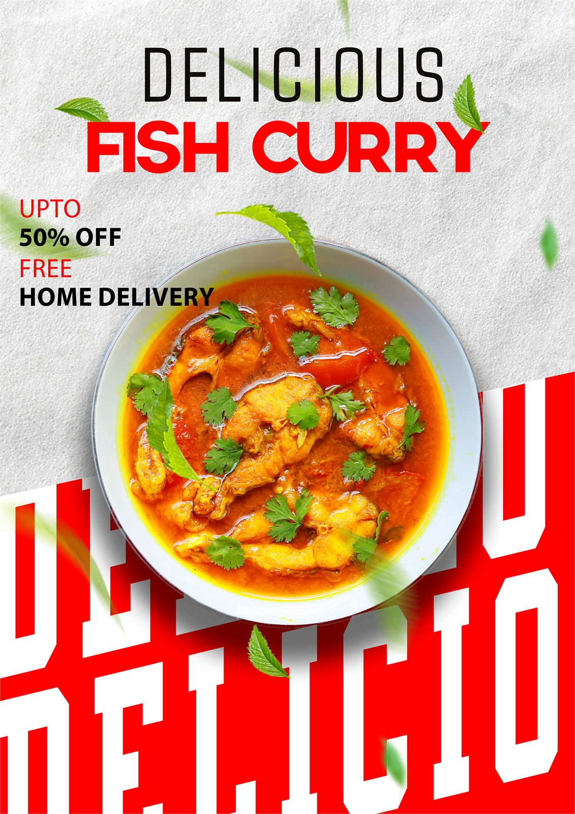 Promotional food poster design for a fish curry takeaway offer, with bold red and black display type