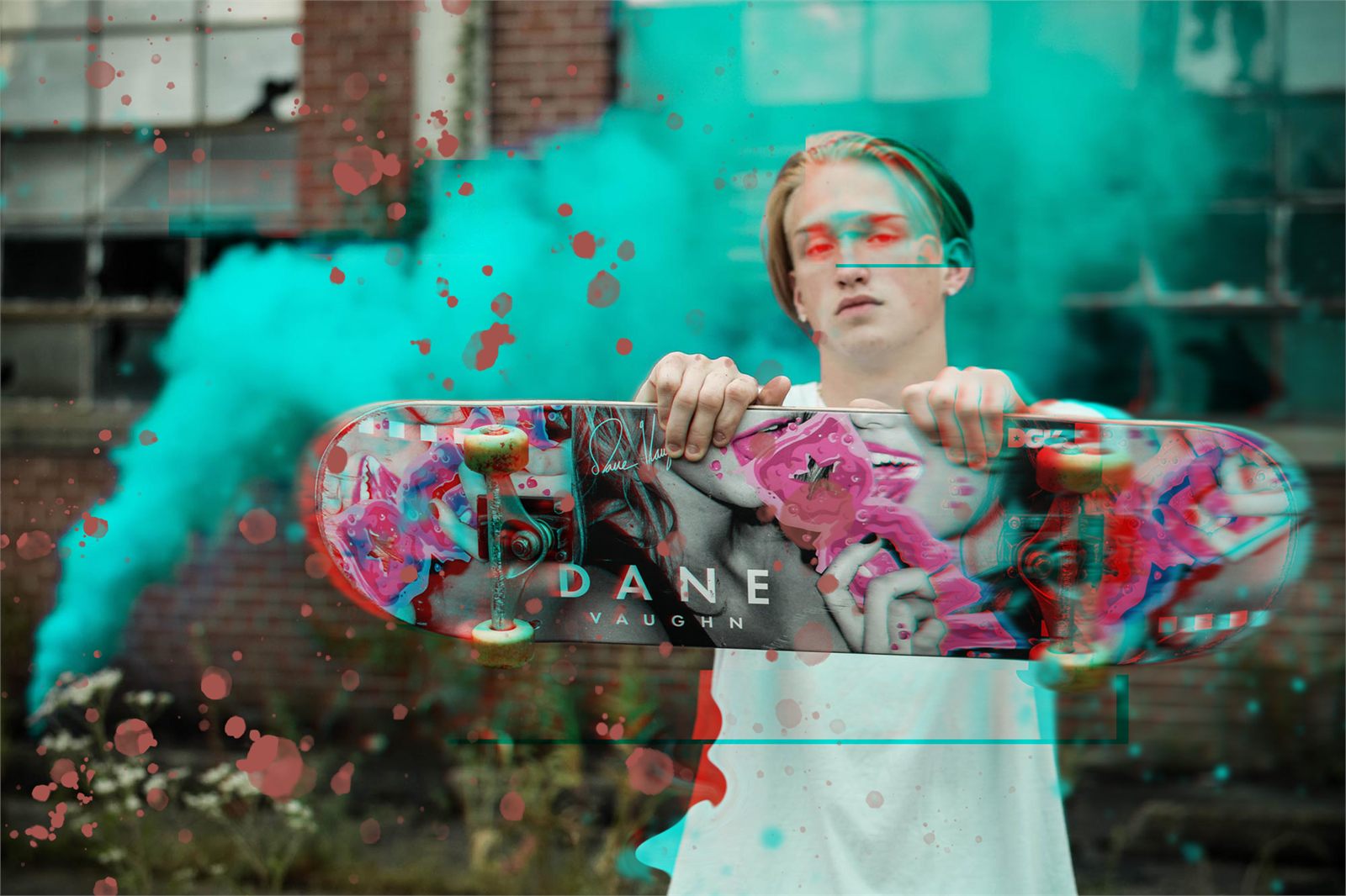 Glitch and RGB-split effect on a portrait of a skateboarder, with a custom skateboard graphic
