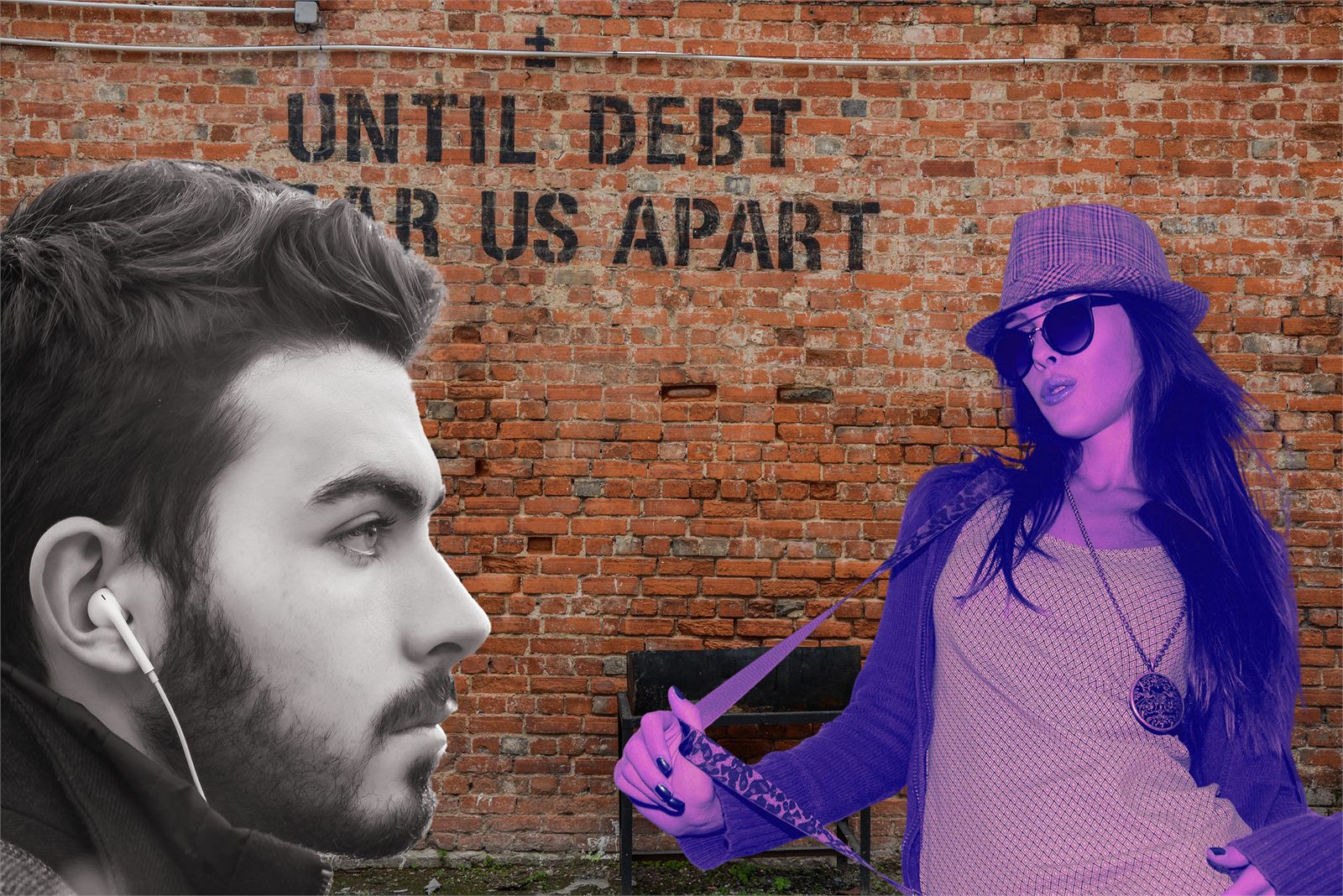Selective-colour composite: two figures against a brick wall, one desaturated and one in purple duotone