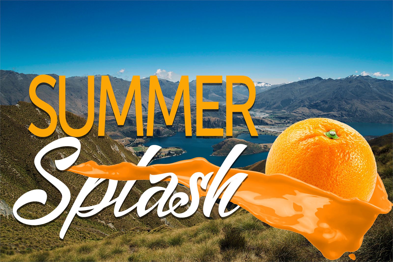 Summer Splash promotional banner: an orange and a juice splash composited over a mountain-and-lake landscape
