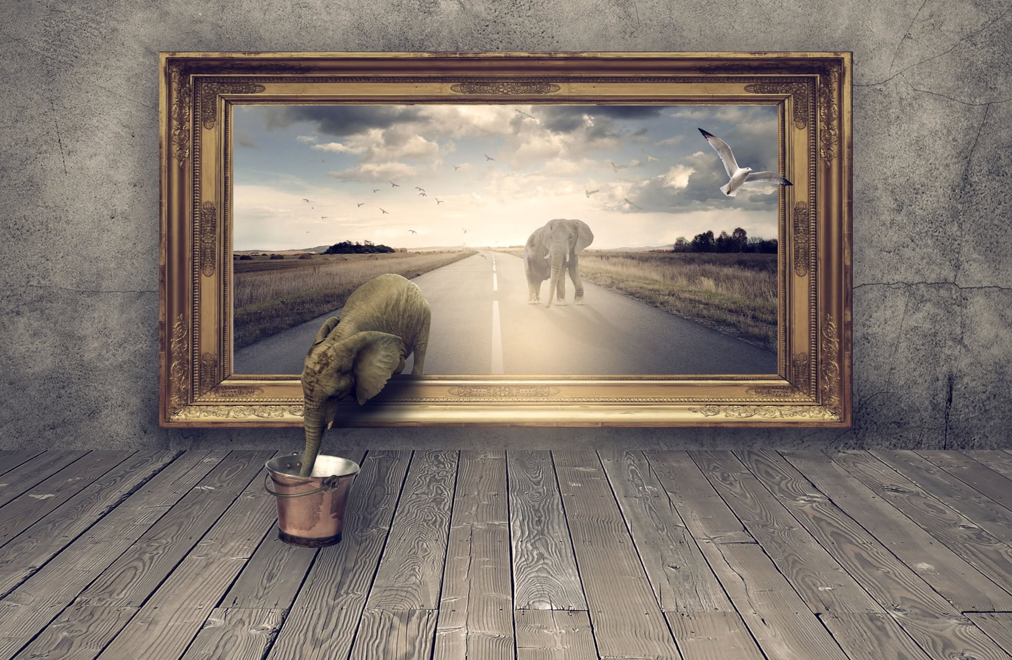 Photo composite: an elephant stepping out of a gilded framed landscape painting