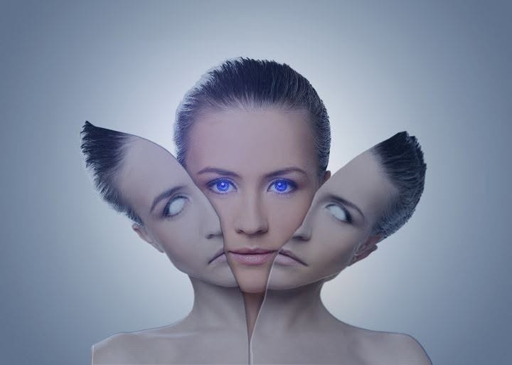 Photo composite: a woman's face peeling open to reveal duplicate faces with glowing blue eyes