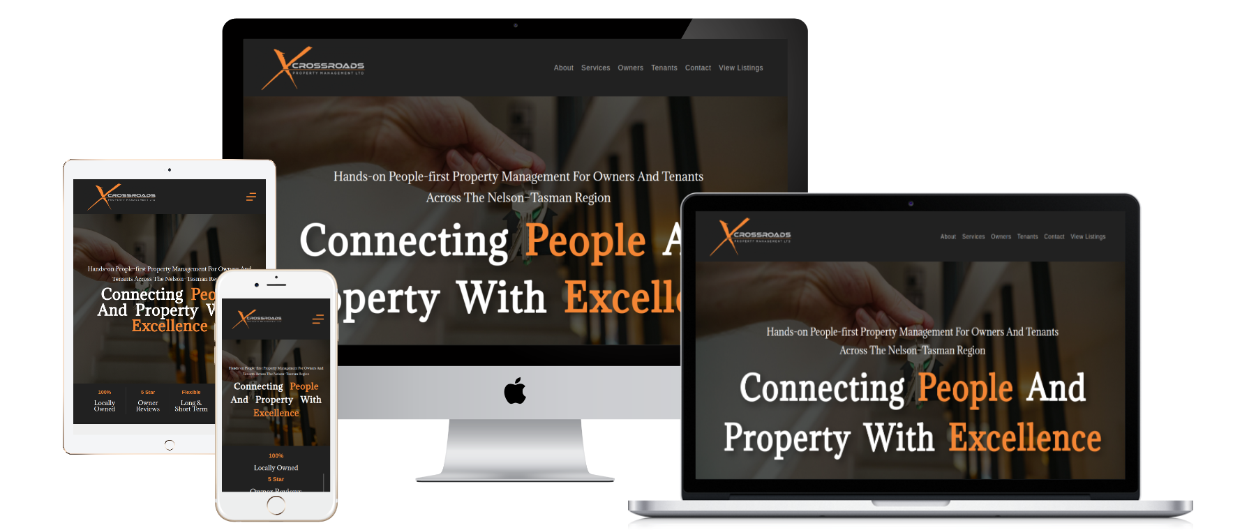 Responsive device mockup of the Crossroads Property Management website on desktop, laptop, tablet and phone