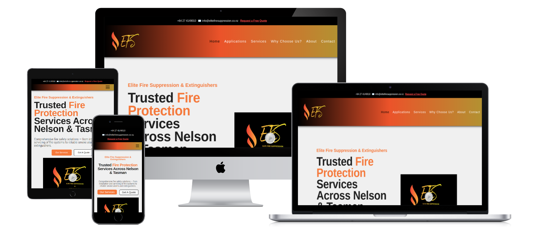 Responsive device mockup of the Elite Fire Suppression and Extinguishers website on desktop, laptop, tablet and phone