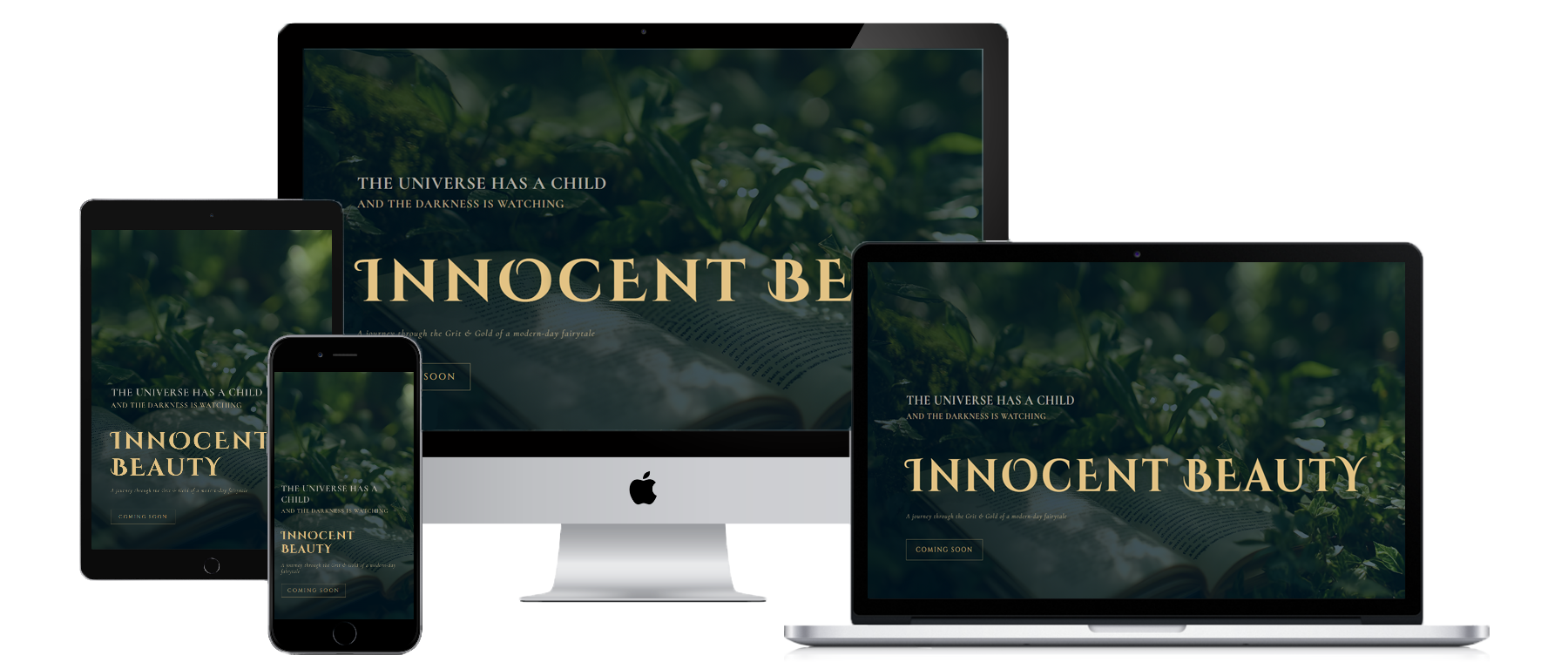 Responsive device mockup of the Innocent Beauty teaser landing page on desktop, laptop, tablet and phone