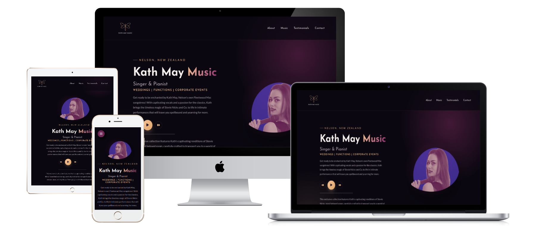 Responsive device mockup of the Kath May Music website on desktop, laptop, tablet and phone
